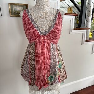 JOHNNY WAS Silk Blend Tank Top Blouse Red Flower Embroidery XS